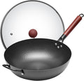 WANGYUANJI Iron Wok,13.4 inch Chinese Craft Wok with Lid Flat Bottom Stir Fry Pan,Chemical-free Wok Pan for All Stoves,Wrought Iron Wok Pure Iron Cookware