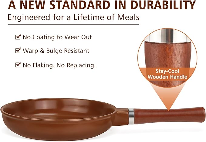 Pure Ceramic Frying Pan Skillet, One-Piece Construction Ensures No Coatings & No Metal, SGS-Certified Non-Toxic, Naturally Nonstick for All Cooktops, 10-inch (Brown)