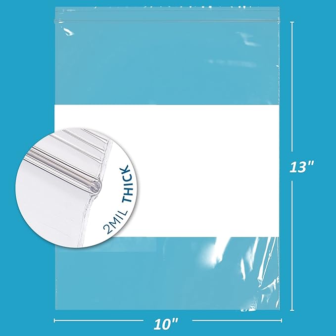 10" x 13" Large Zip Bags, 2 Mil Thick Clear Plastic Reclosable Zipper Lock Bags with Write-on White Block, with Resealable Zip Top Lock for Food Storage & Office Supplies, 100 Count