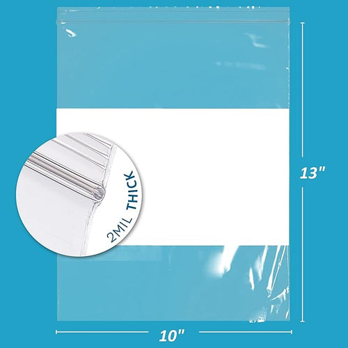 10" x 13" Large Zip Bags, 2 Mil Thick Clear Plastic Reclosable Zipper Lock Bags with Write-on White Block, with Resealable Zip Top Lock for Food Storage & Office Supplies, 500 Count