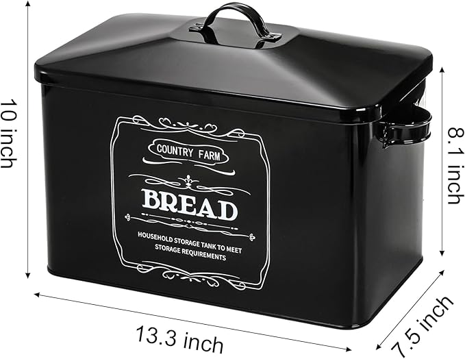 yarlung Metal Bread Box with 3 Kitchen Canisters Set, Large Black Farmhouse Bread Tin for Kitchen Countertop, Coffee Tea Sugar Canister with Airtight Lid for Pantry Organizer Home Storage