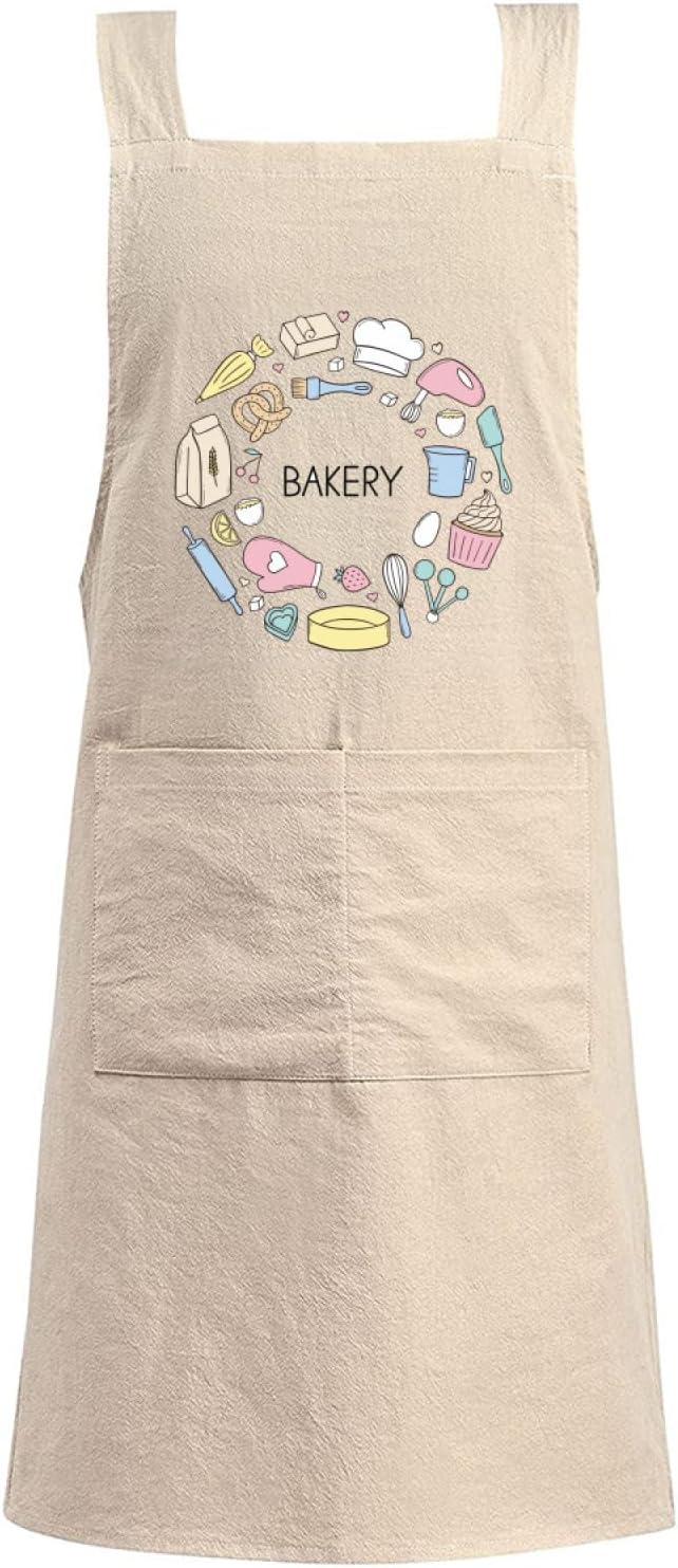 Cotton Linen Apron Non-tie Cross Back Kitchen Apron with Pockets Soft Comfortable Durable for Cooking Baking Gardening (Khaki,Bakery)