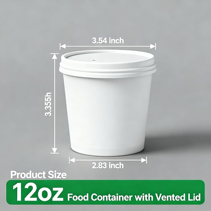 Paper Town Disposable Paper Soup Containers with Vented Lids, White, 12 oz, Round, 50 Count, Compostable Food Storage Container, Ice Cream Cups