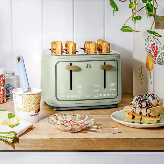Beautiful 4-Slice Toaster by Drew Barrymore – Touch Display, Extra-Wide Slots, Bagel & Frozen Functions, Stainless Steel (Sage Green)