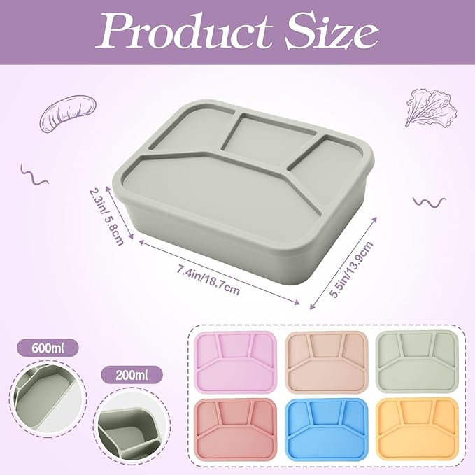 Honeydak 6 Pcs Silicone Bento Box Reusable Lunch Container 4 Compartment Snack Boxes with Lid Smooth LeakProof Rectangle Food Boxes for Adult Work Travel Food Storage (Bright Color)
