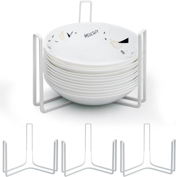 Dinnerware Bowl Plate Holder Fit for 6.5 Inches Diameters Bowl, Metal Bowl Storage Dying Display Rack for Kitchen Drawer, Countertop, Cabinet, Shelf, Cupboard (White, Large 4PCS)