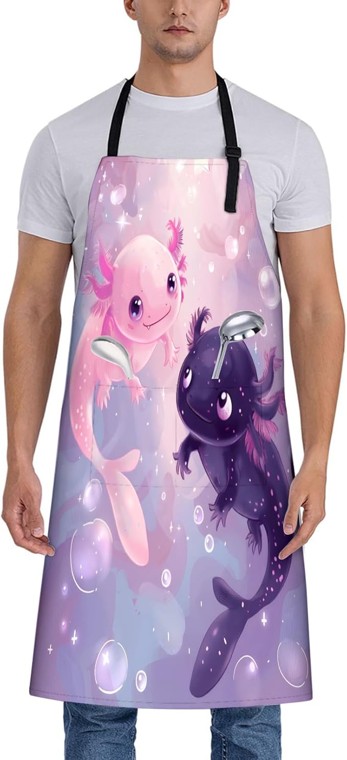 Axolotl Apron for Women, 28x33in, Kitchen Chef Aprons with 2 Pockets, Polyester, Cute Axolotls Apron for Cooking BBQ Baking Gardening Chef, Gifts for Mom Wife Dad