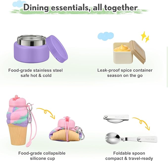 Lunch Box Kids with 5 Compartments, Insulated Food Jar & Utensil & Sauce Container & Lunch Bag & Silicone Collapsible Cup, Leak Proof Bento Box, BPA-Free & Dishwasher Safe-Deep Purple