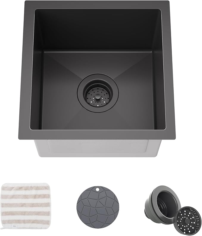 TORVA 14 x 14 Inch Gloss Black Undermount Kitchen Sink, PVD Coated Gunmetal Bar Sink，16 Gauge T-304 Stainless Steel Single Bowl Wet Bar or Prep Sinks with Zero-Radius Corners, Dark Grey