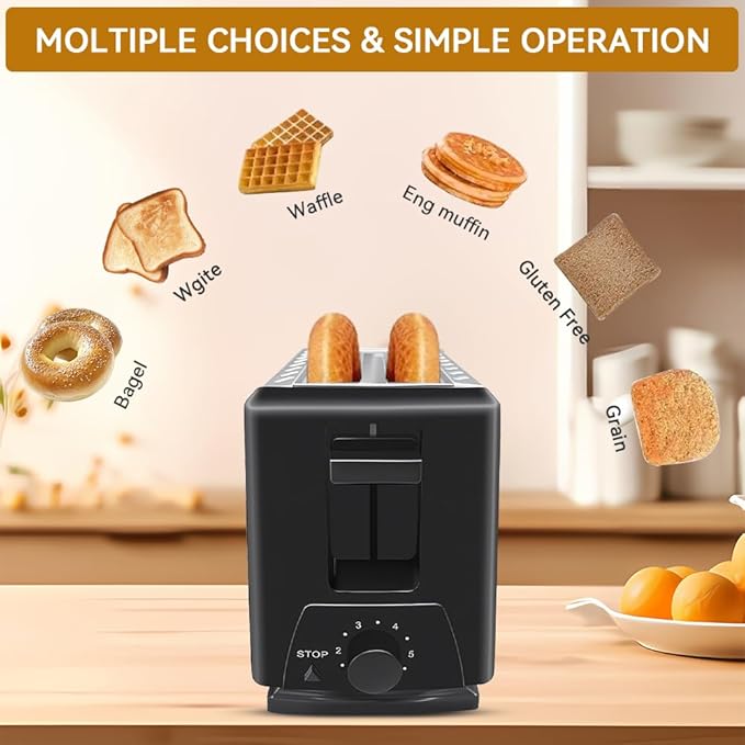 Sleek 2-Slice Toaster with Wide Slots – 6 Adjustable Settings, Defrost for Frozen Bread, Removable Tray, Compact Stainless Steel Design – Modern kitchen appliances Essential (Black)