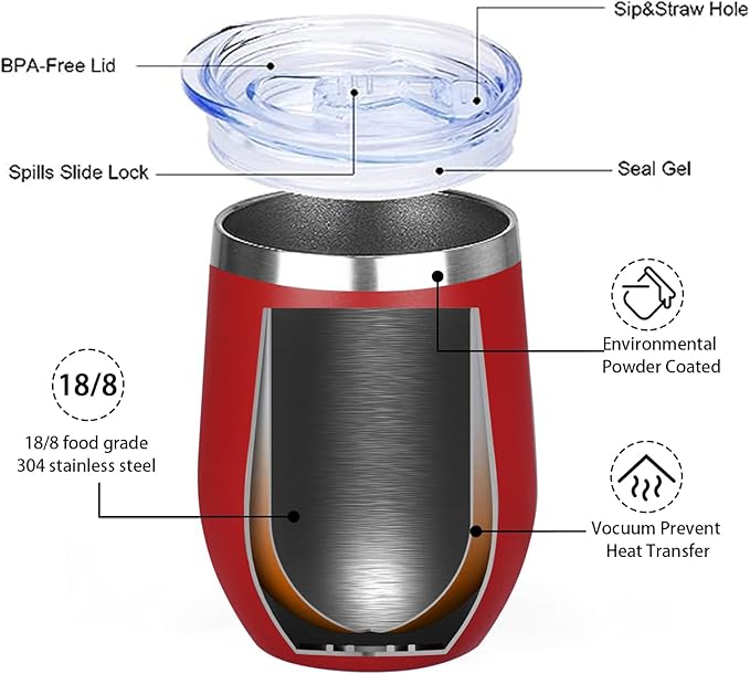 MEZMUT 12 Oz Insulated Wine Tumbler with Lid Double Wall Vacuum Stainless Steel Wine Glass Coffee Mug Insulated Tumbler Cup for Champaign, Cocktail, Beer (Red, 1 Pack)