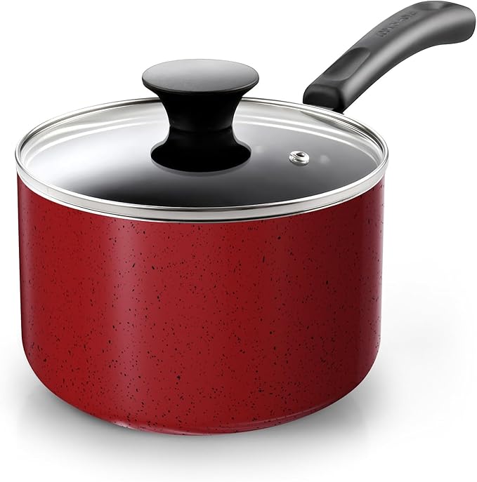 Cook N Home Non Stick Sauce Pan, 2 Quarts Saucepan with Glass Lid, Nonstick Small Multi-purpose Pot, Milk Chocolate Aluminum Cooking Pot Pan with Stay-Cool Handle, Marble Red
