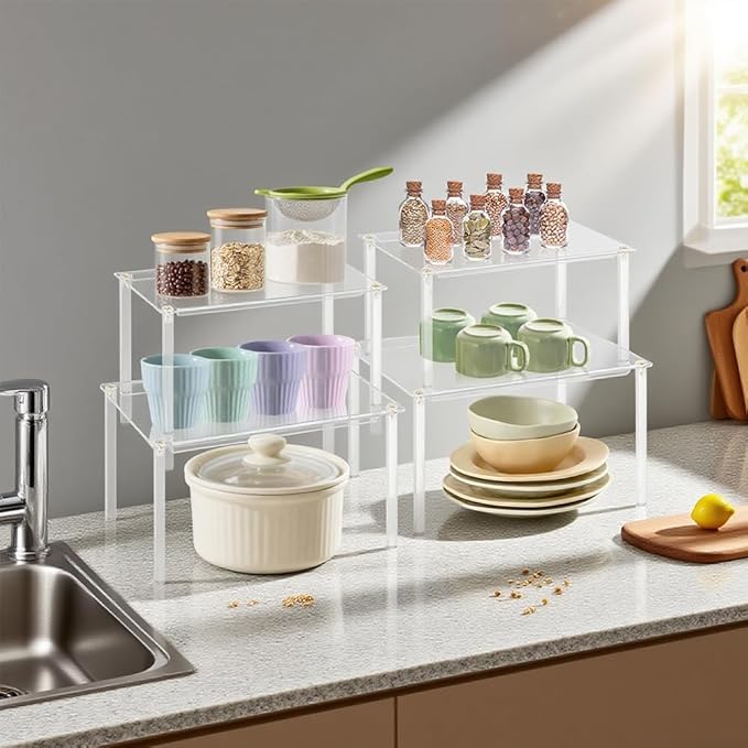 Acrylic Cabinet Organizer, 4Pack Spice Rack Organizer for Cabinet, Desk Countertop Shelf Organizer for Dishes, Spices, Soda Cans and Bottles, Stackable Shelves House Essentials for Gift