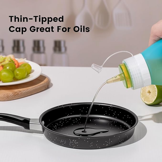 Condiment Squeeze Bottles, 16 oz Silicone Squeeze Bottles For Sauces, Leak Proof Condiment Containers with Extra Interchangeable lid, Easy Squeeze for Oil, Honey & Dressings, BPA FREE (4 Pack)