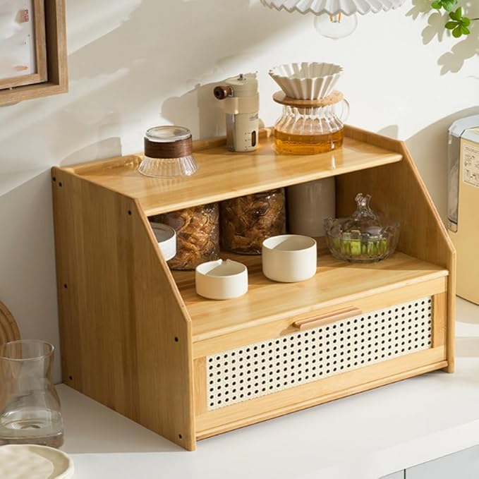 Modern Counter Top Cabinet with Drawer, Bamboo Spice Organizer and Bread Box, Mug Holder Storage Rack, Makeup and Perfume Cabinet for Kitchen or Living Room(Natural)