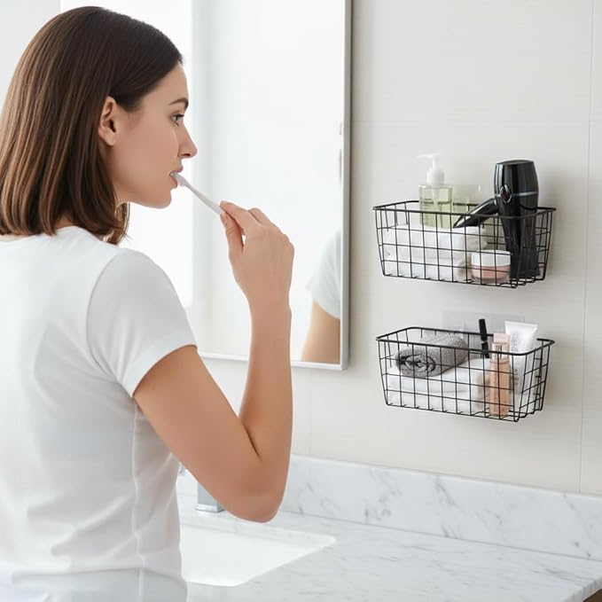 2 Set Adhesive Hanging Wall Basket Inside Cabinet Door Organizer,Wall StorageBasket-No Drilling Adhesive wall Basket for Cupboard Door, Space-Saving Small Hanging Baskets for Wall Mount Storage,Black