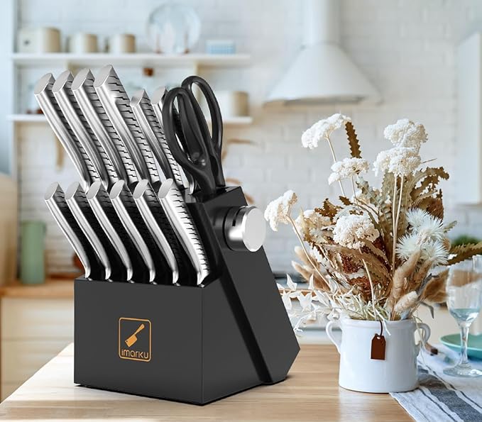 imarku 14-Piece Knife Block Set, Knife Set with Block and Build-in Sharpener, Japanese Stainless Steel Knife Set for Lasting Sharpness, Dishwasher Safe, Black