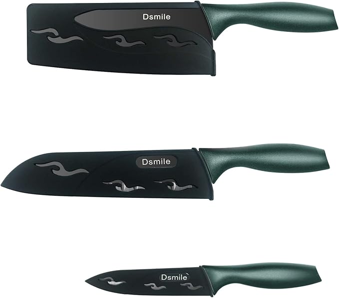 Dsmile 3-Piece Stainless Steel Kitchen Knife Set (Chef, Utility, Paring) with Clad Dimple and Knife Covers, For Chef Cooking Cutting