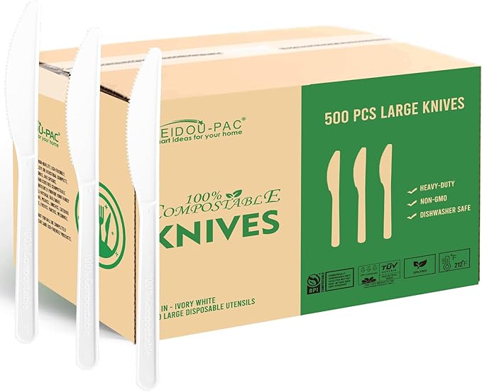 Compostable Knives 500 Count, 7 In Large Disposable Biodegradable Flatware, Eco Friendly Durable Heat Resistant Cutlery Silverware Alternative to Plastic Knives, BPI Certified