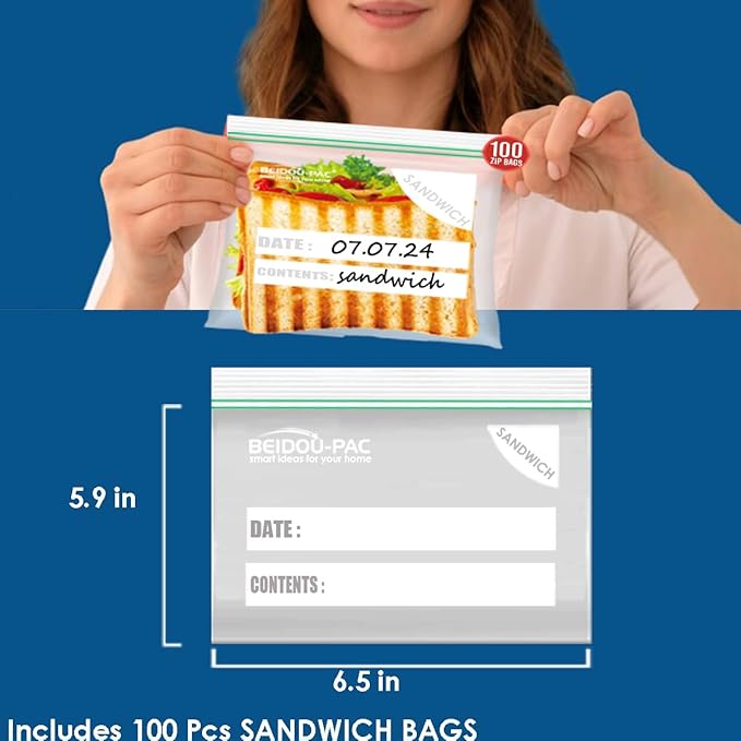 Sandwich Storage Zip Bags for Food On the Go, 300 Count | Double Zipper | 6.5" * 5.9", Freshness Easy Open Reclosable Clear Plastic Bags