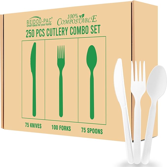 Compostable Eating Utensils, 250 Ct 7" Large Disposable Biodegradable Forks Spoons Knives Cutlery Set, Eco Friendly Heat Resistant Flatware Alternative to Plastic Silverware, BPI Certified