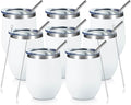COMOOO 12oz Wine Tumbler with Lid and Straw, Stainless Steel Stemless Wine Glass, Double Wall Vacuum Insulated Wine Tumbler Cup, Cocktails,Beer,Champaign, White, 8 Pack