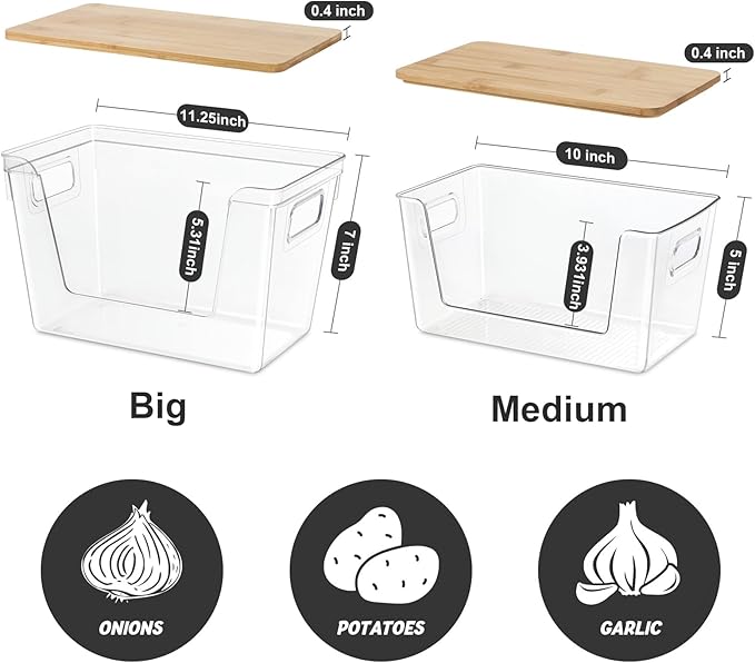 Pantry Organizers and Storage, Stackable Plastic Pantry Organizer with Lid & Handle for Kitchen Counter, Fridge for Fruit, Potato, Onion, Vegetable, 3 Set (Clear - 2 Large Bin & 1 Medium Bin)