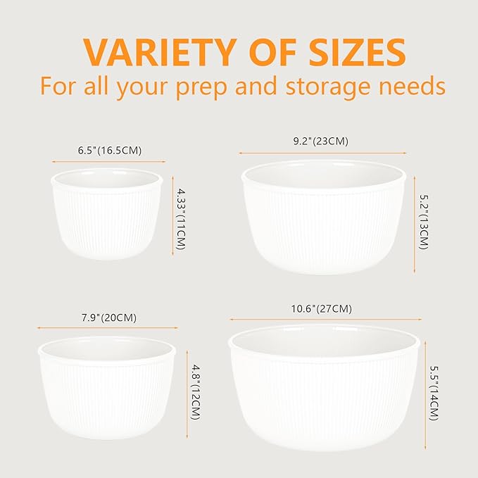 BoxedHome Mixing Bowls with Lids Set, 4 Packs BPA-Free Plastic Prep Bowls for Kitchen, Dishwasher & Microwave Safe, Large Capacity, Beige