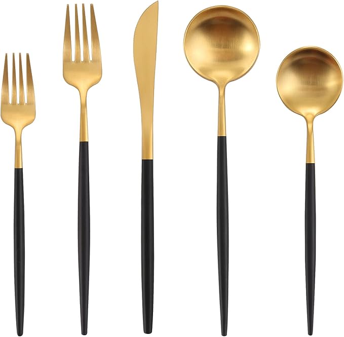 Matte Black Gold Silverware Set, Oliviola 40-Piece Stainless Steel Flatware Cutlery Set Service for 8, Satin Finish Kitchen Utensil Set, Dishwasher Safe