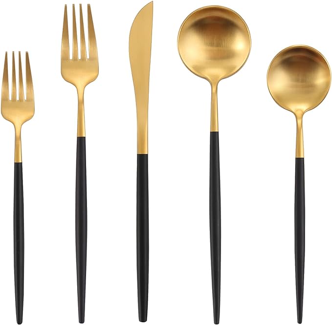 Matte Black Gold Silverware Set, Oliviola 20-Piece Stainless Steel Flatware Cutlery Set Service for 4, Satin Finish Kitchen Utensil Set, Dishwasher Safe