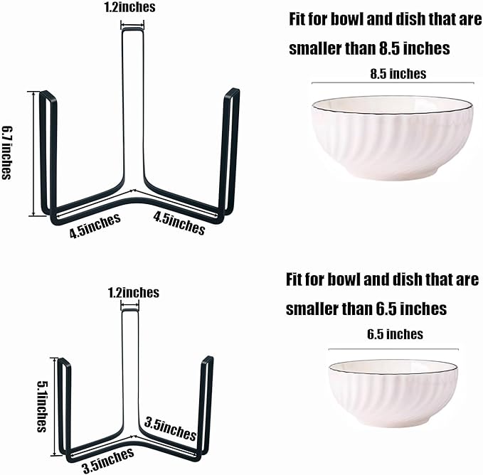 Dinnerware Bowl Plate Holder Fit for 6.5 Inches Diameters Bowl, Metal Bowl Storage Dying Display Rack for Kitchen Drawer, Countertop, Cabinet, Shelf, Cupboard (Black, Small 1PCS+Large 1PCS)