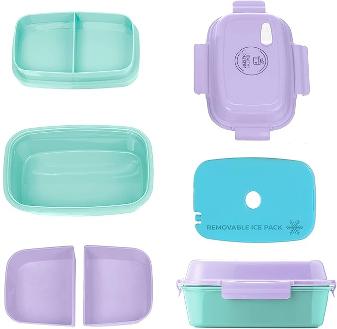 Ultimate Bento Box - Lunch Box for Kids & Adults with Removable Ice Pack - Leakproof, Multi-Compartment Food Container with Removable Containers - Microwave & Dishwasher Safe(Purple, Green, Purple)