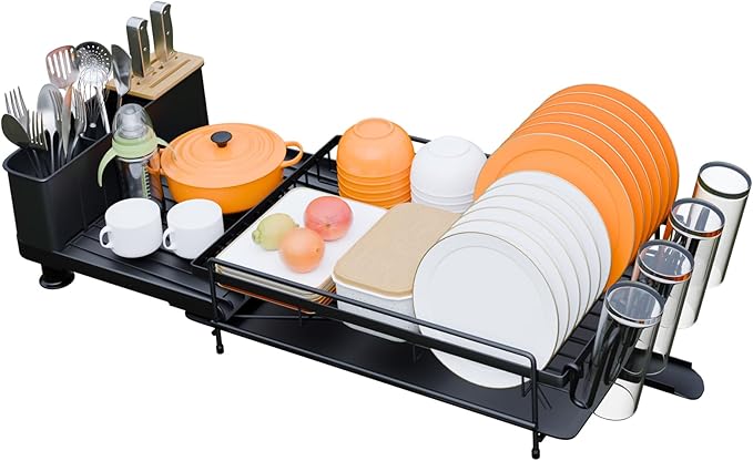 Expandable Dish Drying Rack, Dish Drying Rack for Kitchen Counter with Removeable Cutlery Holder, Double Rustproof & Sturdy Auto-Drain Multifunctional Organizer for Plates, Cups, Knife Fork Storage