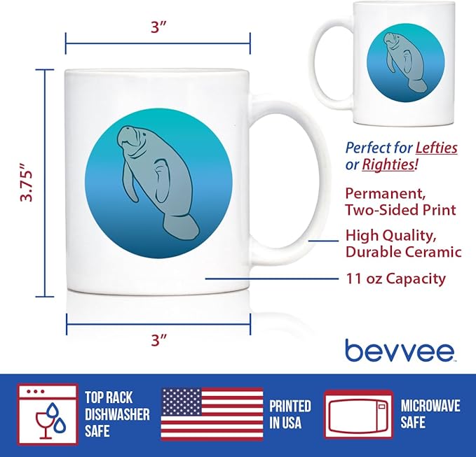 Bevvee Manatee Coffee Mug - Cute Ocean Animals Themed Decor and Gifts for Sea Creature Lovers - 11oz White Ceramic Mug