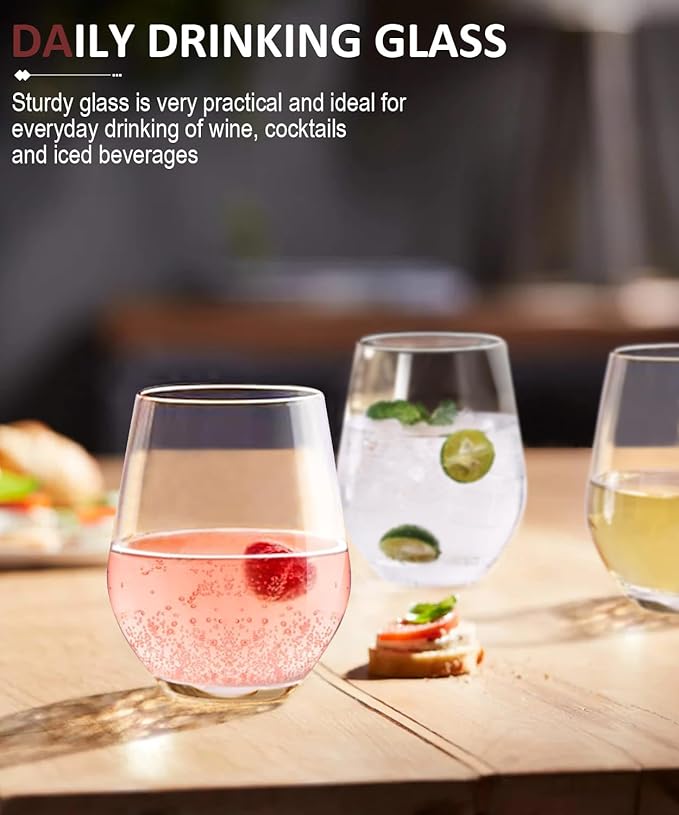 OJA Stemless Wine Glasses Set of 6, 15oz Premium Crystal Red White Wine Glasses, No Stem, Clear,Sturdy Drinking Glass for Daily Use, Birthday, Wedding, Home Party, Anniversary, Shower Gift
