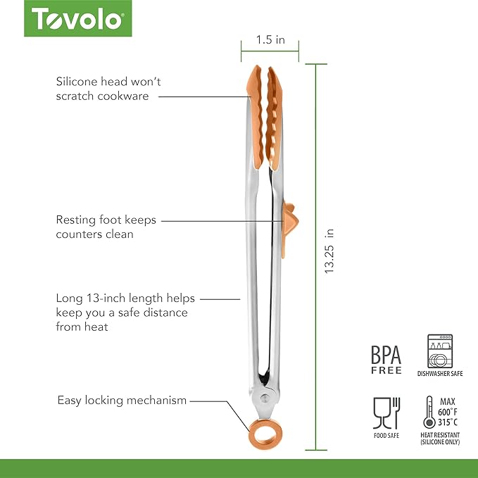 Tovolo Tongs With Silicone Tips Easy Grip 13” Long Kitchen Tongs Stainless Steel Handle For Cooking BBQ, Non Scratch Heat Resistant Metal Tongs Silicone Tipped Dishwasher Safe BPA Free Apricot Orange