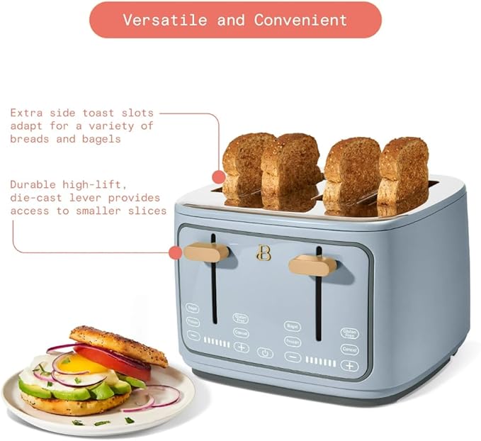 Beautiful 4-Slice Toaster by Drew Barrymore – Touch Display, Extra-Wide Slots, Bagel & Frozen Functions, Stainless Steel (Cornflower Blue)