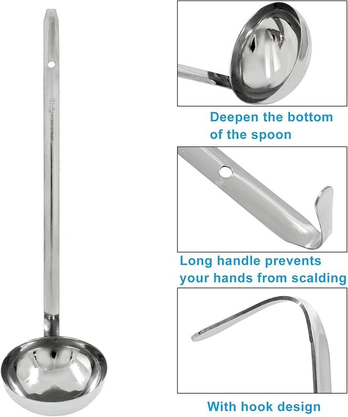 Piutouyar 3 Pcs 6 oz Soup Ladle Set, Stainless Steel Ladle with Long Hooked Handles Kitchen Cooking Serving Ladle Accessories for Cooking Soup Sauce Stews