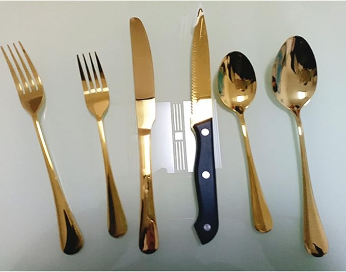 Gold Flatware Set For 4 Silverware Stainless Steel Forks and Spoons Knives Cutlery 24 Pieces Kitchen Utensils Parties Festival Casual or Formal Occasions