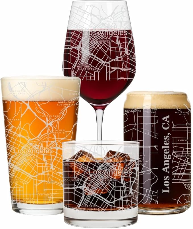 Blue Ridge Mountain Gifts - Los Angeles Souvenir - California Glassware Gift, Etched City Map, Laser Engraved and Dishwasher Safe