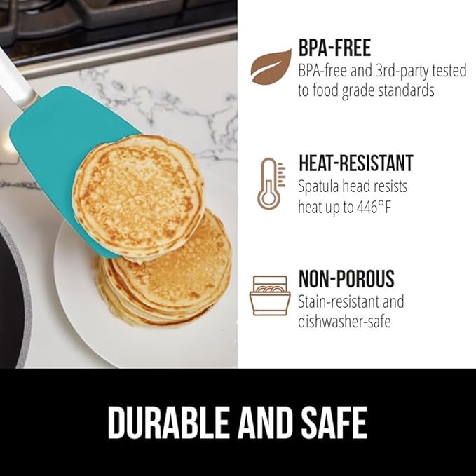 GORILLA GRIP Food Grade Flexible Silicone Spatula, 2 PK, Heat Resistant Head for Nonstick Frying Pan, Patented Soft Rubber Handle for Comfort, Non-Scratch Kitchen Turner, Flip Eggs, 11.6 in, Turquoise