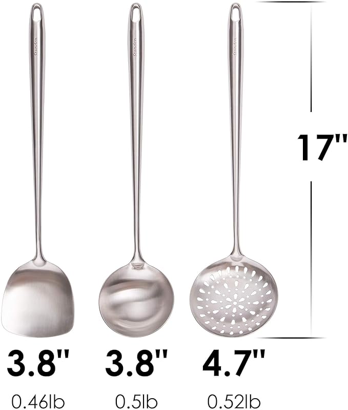 17” Wok Spatula and Ladle, Skimmer Spoon - 304 Stainless Steel Wok Tools Set, 3-Pieces Extra Long Handle Cooking Tools, All Metal Wok Utensils and Wok Accessories for Cast Iron/Carbon Steel Wok