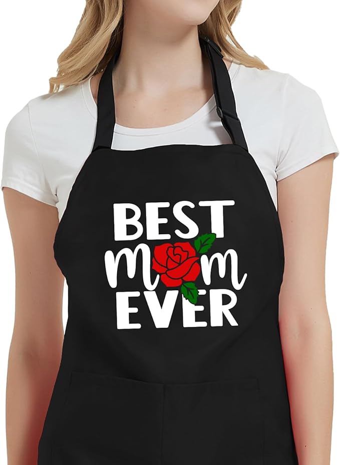 Cooking Aprons for Women with Pockets, Best Mom Ever Apron for Baking Kitchen Chef, Birthday Gifts for Mom Wife
