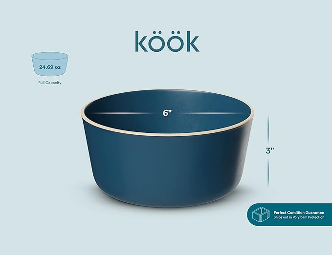 KooK Soup Bowls, Ceramic Bowls, for Cereal, Rice, Pasta and Dessert, Dishwasher and Microwave Safe, 6 Inch, Stoneware, 25 oz, Set of 6, Navy