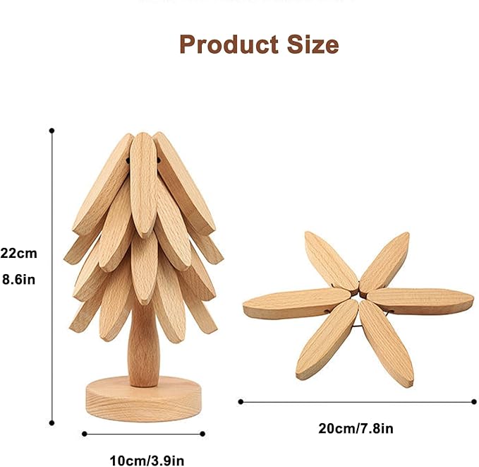 Natural Tree Trivet Set - Natural Foldable Kitchen Trivets, Handmade Wooden Hot Pad Holder for Plates, Pots, Pans, Cup, Kitchen Dining Table Protection (Wood, S)