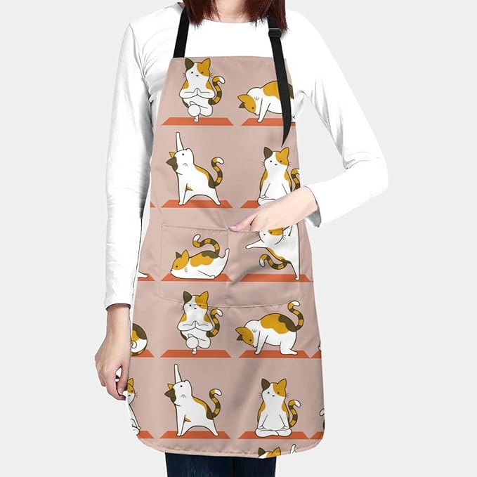 Cat and Dogs Animals Adjustable Bib Neck Chef Aprons, Kitchen Bbq Waterproof Apron with 2 Pockets For Mom Dad