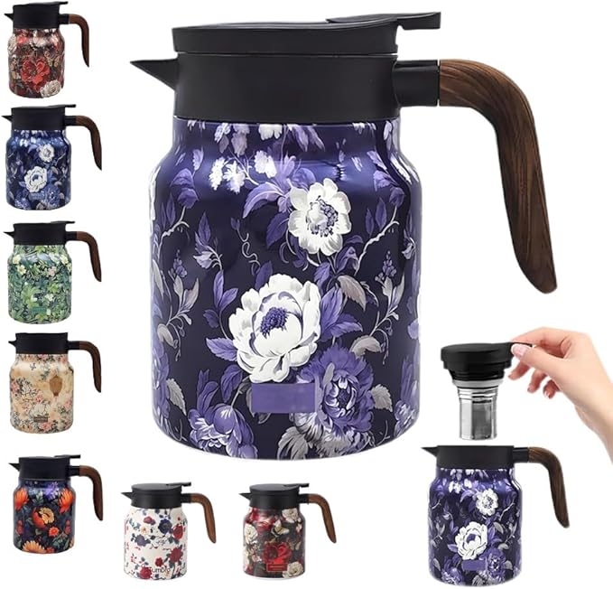 Vintage Floral Pattern Tea Pots – Built-in Infuser,Vintage Floral Teapot with Built In Infuser Stainless Steel Thermal Carafe with Lid for Hot Drinks,Blue(Wooden handle,35oz)