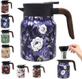 Vintage Floral Pattern Tea Pots – Built-in Infuser,Vintage Floral Teapot with Built In Infuser Stainless Steel Thermal Carafe with Lid for Hot Drinks,Blue(Wooden handle,35oz)