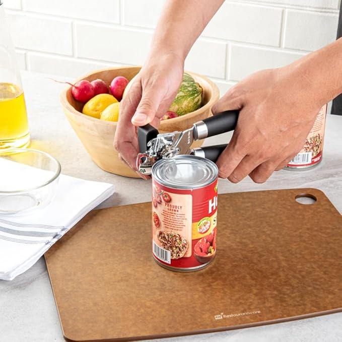 Restaurantware Comfy Grip 7.6 x 1.9 x 2.1 Inch Can Opener 1 Durable Manual Can Opener - Sharp Wheel Blade Grip Handle Black Stainless Steel Hand-Held Can Opener Built-In Bottle Opener