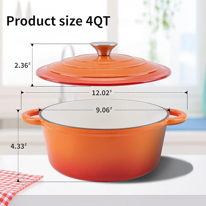 Enameled Cast Iron Dutch Oven Pot with Lid Heavy-Duty Cookware for Bread Baking,Braising,Stews,Roasting,Oven Safe up to 500°F,4QT,orange